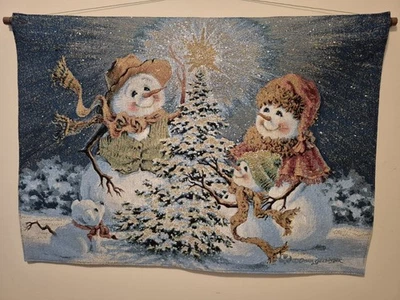 Snow Family Lighted Snowman Tapestry Wall Hanging Christmas Winter Scene 36"x26" - Image 1 of 4