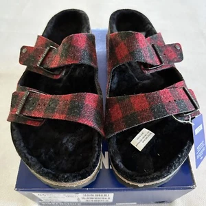 Birkenstock Arizona Plaid Shearling Slide Sandal Men's 11 EU 44 Red/Black NWT - Picture 1 of 8