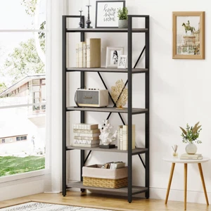 Industrial Bookshelf, Etagere Bookcases and Book Shelves 5 Tier, Rustic Wood and - Picture 1 of 9