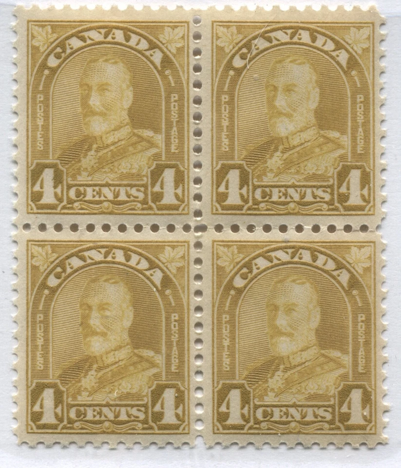 Canada 1930 4 cents ocher Scroll issue block of 4 mint o.g. hinged - Image 1 of 1