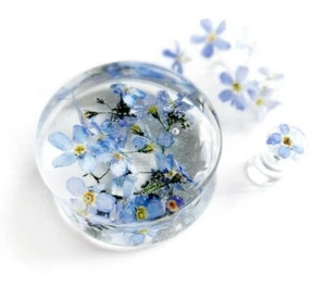 Forget me not blue flower ear plug resin wedding gauge ear tunnel jewelry 1 pair - Picture 1 of 6