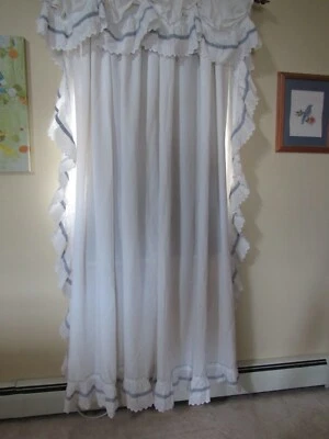 3 PIEZAS CENEFA VINTAGE SEARS RECOGIDA Y 2 PANELES BLANCO OJAL ENCAJE VOLANTES AZULES Foto 1 de 4