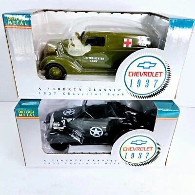 Lote de 2 Chevrolet 1937 US Army Staff & Amblance Bank Die Cast Metal Liberty Foto 1 de 4