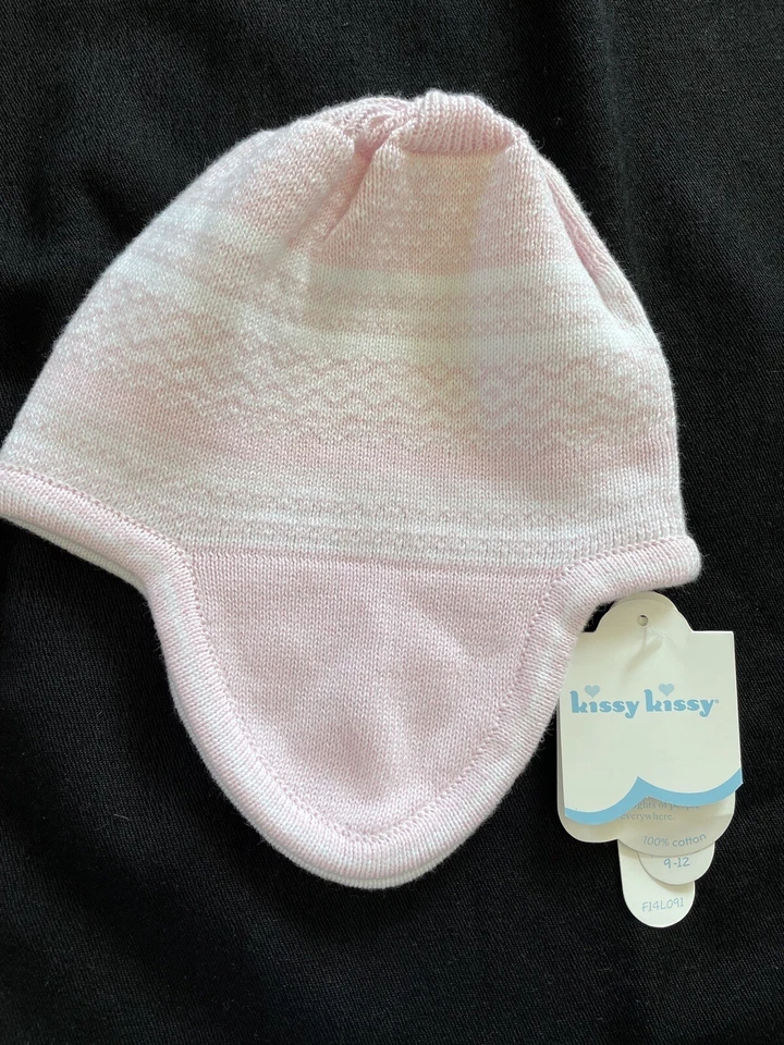 Sombrero reversible Kissy Kissy nuevo con etiquetas rosa/blanco Fair Isle algodón tejido oreja-9-12Mos Foto 1 de 4