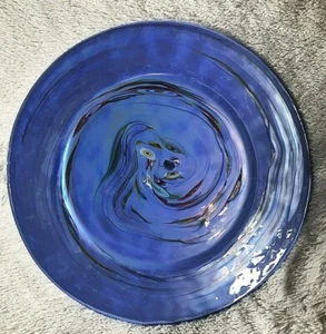 BLOWN GLASS 12.5” PLATTER/PLATE TABLE ART  LARGE SWIRLED BLUE - Picture 1 of 3