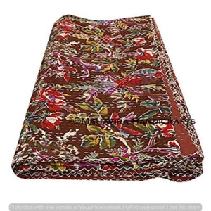 Pájaro Estampado y Cosido Algodón Marrón Kantha Colcha Doble Tamaño Colcha - Imagen 1 de 4