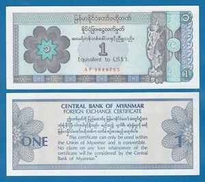 Myanmar Burma 1 ND 1993 UNC Equivalent to 1 US Dollar, Foreign Exchange Cer FX-1 - Picture 1 of 1