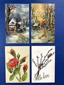 4 Novelty Greetings w Glitter Antique Postcards.1900s.Rural Scenes, Flowers - Picture 1 of 6