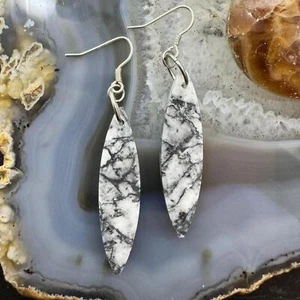 Sterling Silver Elongated Marquise Net Jasper Slab Dangle Earrings For Women 231 - Picture 1 of 10