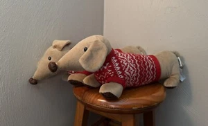(2) PIER 1 Imports Brown DACHSHUND Dog Red Sweater Stuffed Plush Christmas Decor - Picture 1 of 8