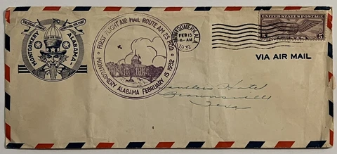 1932 MONTGOMERY ALABAMA TACTICAL SCHOOL AIRMAIL FIRST FLIGHT 23 POD COVER CACHET Cover