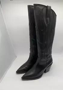 ALPE tall leather cowboy boots UK 5 EU 38 VGC black heels knee high square toe - Picture 1 of 16