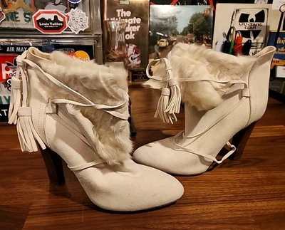 Новый женщин размер 9 B Ralph Lauren коллекции белая кожа меха ботильоны Италии - Изображение 1 из 4