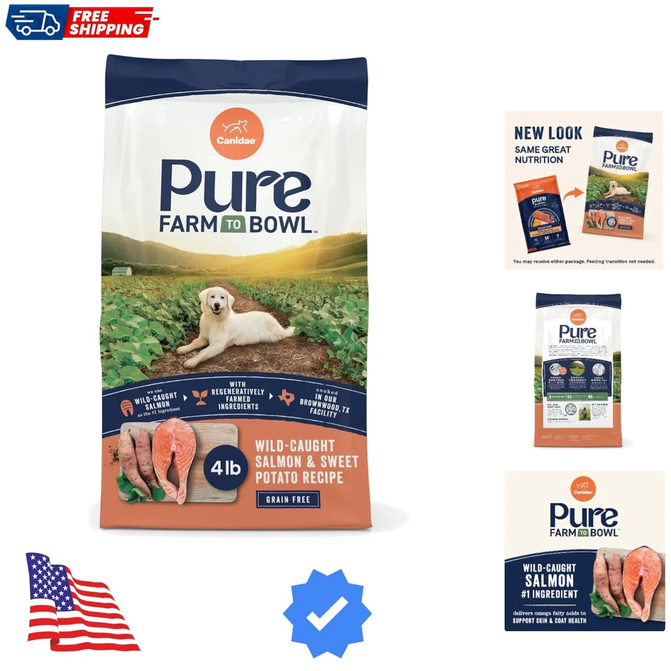 Comida pura de granja a tazón, sin granos, salmón y batata capturado en la naturaleza para perros, anuncio... Foto 1 de 4