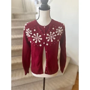Vintage Eddie Bauer Burgundy Red & White Embroidered Snowflake Cardigan - Picture 1 of 6