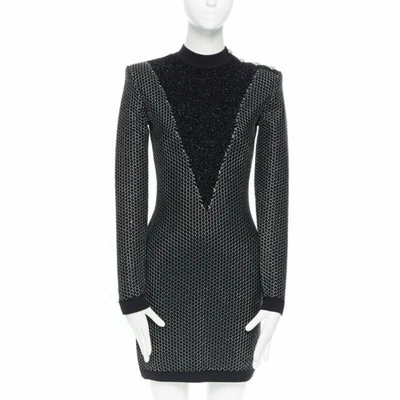 BALMAIN ROUSTEING black silver thread fluffy military button bodycon dress S - Image 1 of 4