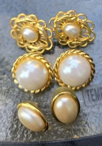 3 Pairs Vintage 1980-90s Gold Tone Faux Pearl Pierced Earrings - Picture 1 of 8