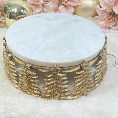 Holiday BELLA LUX Marble Cake Serving Plate With Gold Metal Christmas Trees 10" - Image 1 of 4