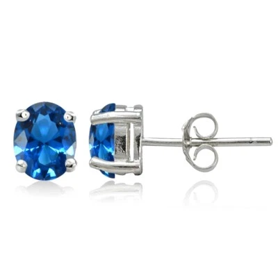 Sterling Silver Simulated London Blue Topaz 7x5mm Oval Stud Earrings - Image 1 of 4
