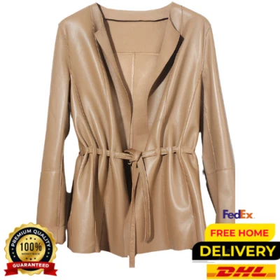 Abrigo de cuero clásico simple informal de piel de oveja marrón sepia para mujer Foto 1 de 4