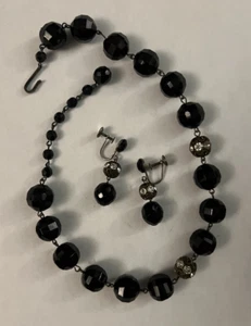 Vintage Black Glass Rhinestone Necklace Screw Back Earring Set - Picture 1 of 3