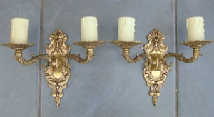 Pair Vintage French Bronze Brass Double Arm Candle Style Wall Sconce Lights - Picture 1 of 9