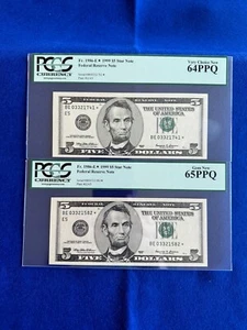 2 - 1999 $5 Federal Reserve STAR Notes - 64PPQ & 65PPQ - Low run - (Item#022) - Picture 1 of 2