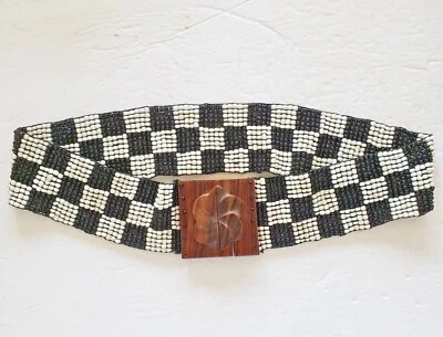 Wide Beaded Belt Wood Buckle Elastic Medium Black and White Check Glass Bead  - Image 1 of 4
