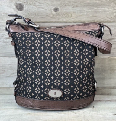 Fossil Maddox 棕色皮革黑色帆布几何单肩包水桶包 — 第 1/4 张图片