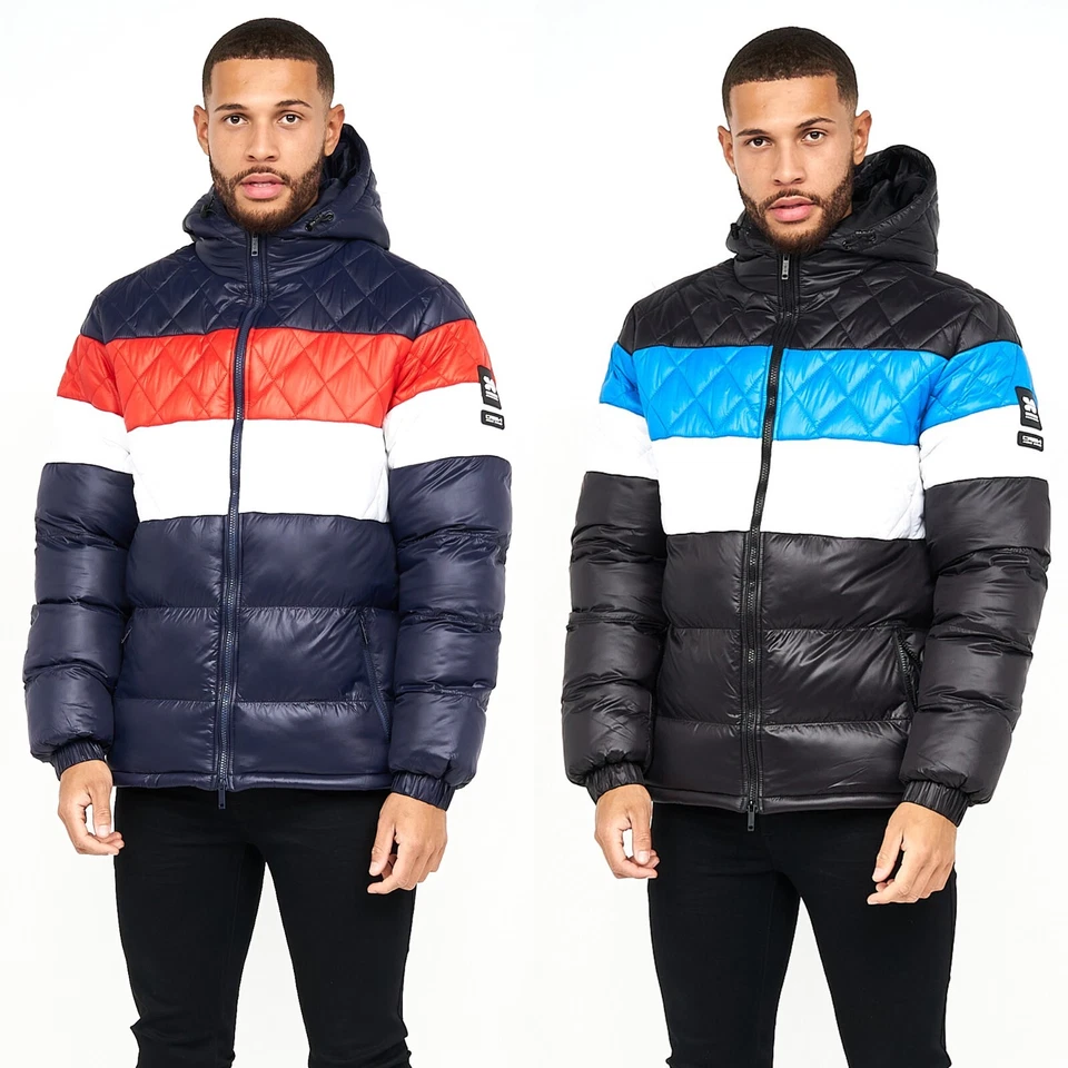 Men's Crosshatch Mid Length Bubble Coat Padded Hooded Quilted Winter Jacket - Image 1 of 1