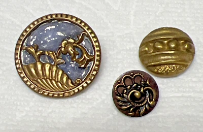 3 Antique Metal Buttons  Feathery  w Frame Raised Dots Scrolly Feather Desing - Image 1 of 4