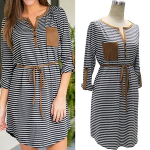 Summer Women's Stripe Casual Long Sleeve Beach Dress Loose Shirt Short Dresses - Picture 1 of 12