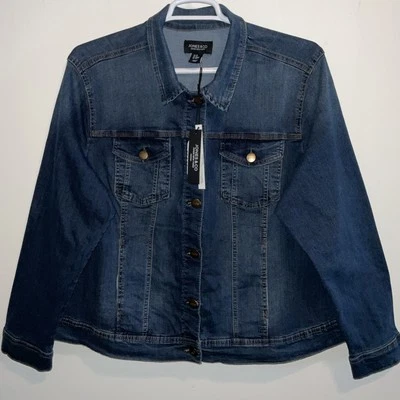 JONES & CO. WOMAN BLUE DENIM COTTON BLEND STRETCH TRUCKER CROPPED JACKET 2X NWT - Image 1 of 4