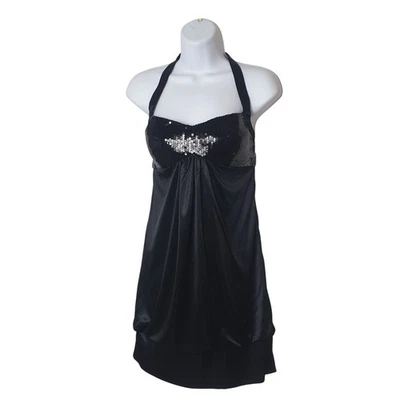 Vestido Steppin Out Halter Lentejuelas M Negro De Colección Fiesta Cóctel Baile de graduación Glamour Royalcore Foto 1 de 4