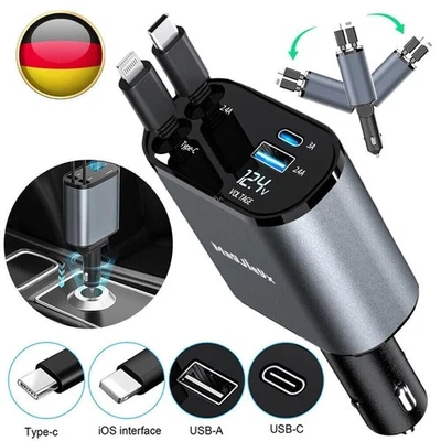 120W Auto Ladegerät Zigarettenanzünder USB C 4in1 Adapter Einziehbares Kfz Handy - Bild 1 von 4