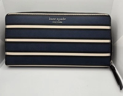 New Kate Spade Cameron Large Continental Wallet York Stripe Blue Multi - Image 1 of 4