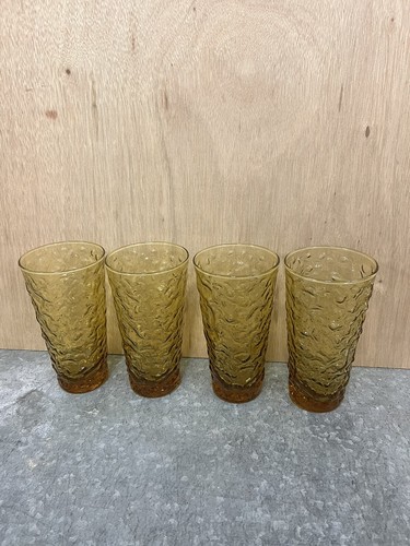 Set of 4 Vintage Anchor Hocking Amber Lido Milano Crinkle Water Glasses