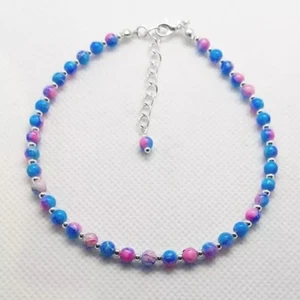 BLUE & PINK SPLATTER BEADED ANKLE BRACELET ANKLET 9.5" + EXT 383 - Picture 1 of 1