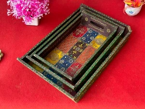 Decorative Antique Style Fine Hand Painted Work Wooden Serving Tray, Set of 3 Pc - Picture 1 of 19