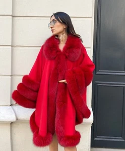 Cape Poncho Women's Red Overcoat Genuine Fox Fur Cloak Handmade Standard Size - Picture 1 of 5