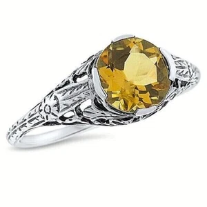 DECO ANTIQUE STYLE 925 STERLING SILVER GOLDEN LAB-CREATED CITRINE RING 698Z - Picture 1 of 3