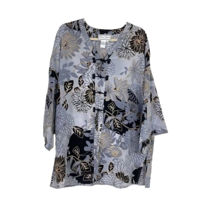Blusa Top Diane Gilman Mujer Seda Botón Kimono Talla M Floral Artística Boho Gris Foto 1 de 4