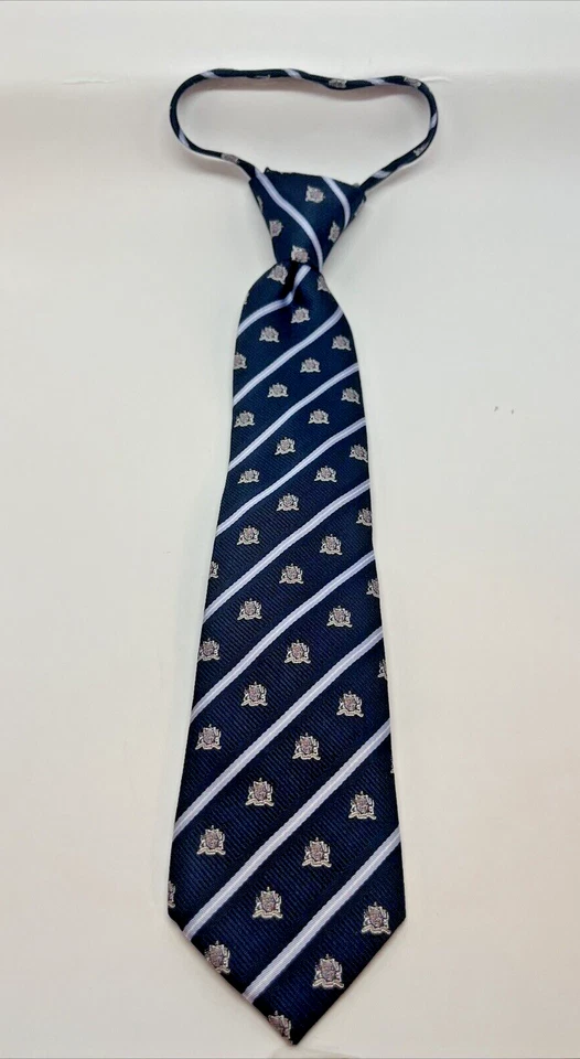 Boys 2-5 Elastic Pre-Tied Clip On Neck Tie Navy Blue w/ White Stripes Embroidery - Image 1 of 4