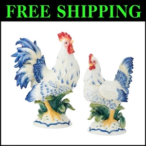Vibrant Sicily Blue Ceramic Rooster & Hen Statues - Elegant Farmhouse Accent - Picture 1 of 8
