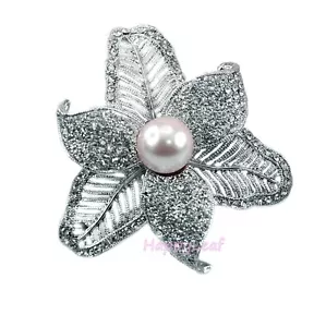 Large Pearl Brooch Pin with Russian CZ silver leaf flower Bridal Wedding Gift - Picture 1 of 9