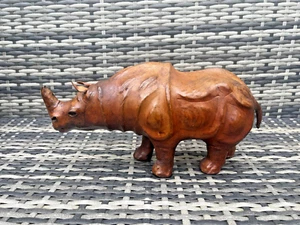 VINTAGE 60er JAHRE LEDERFELL BOLSTER HOLZ NASHORN NASHORN ZOO TIER ORNAMENT - Bild 1 von 15