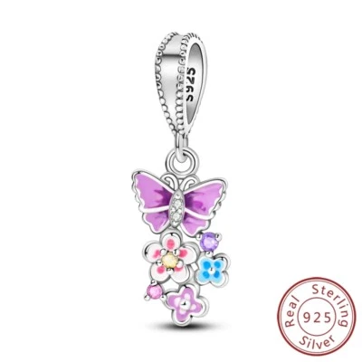 MULA 925 Sterling Silber DIY Charm CZ Rosa Emaille Schmetterling Für Armbänder - Bild 1 von 4