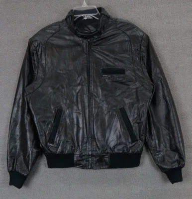 Vintage Members Only Black Leather Jacket Cafe Racer Collar 80s Size 44 - Image 1 of 4