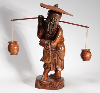 Antigua estatua japonesa tallada a mano pescador 9" palo de rosa con sombrero Foto 1 de 4