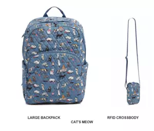 2 pc Vera Bradley Cat's Meow Essential Large Backpack & RFID Cellphone Crossbody - Picture 1 of 23